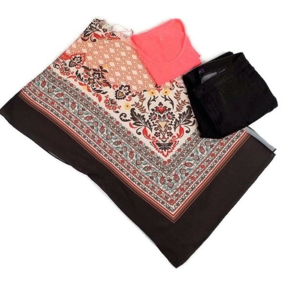 Brown, Orange Floral Scarf Print Open Front Short Sleeve Kimono Top Womens S/M - Picture 6 of 8